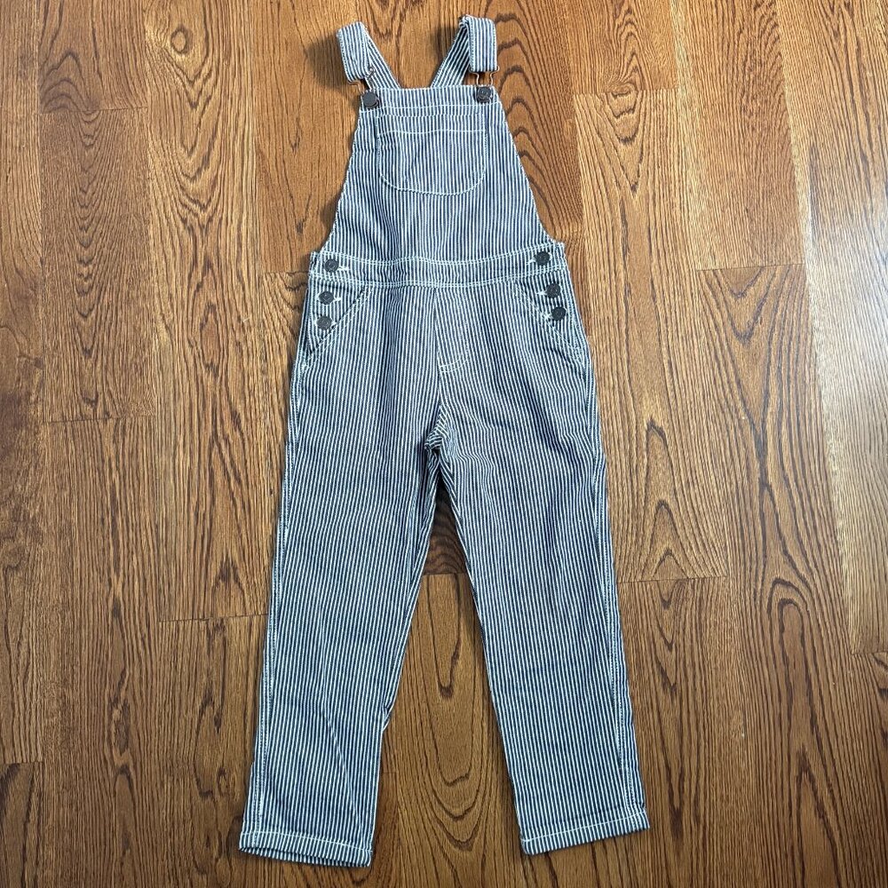 Mini Boden Unisex Striped Jean Overalls Size 6, Dark Denim Blue & White Stripes
